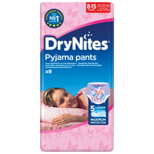 Huggies DryNites plenkové kalhotky pro dívky, vel. L, 27-57 kg, 9 ks